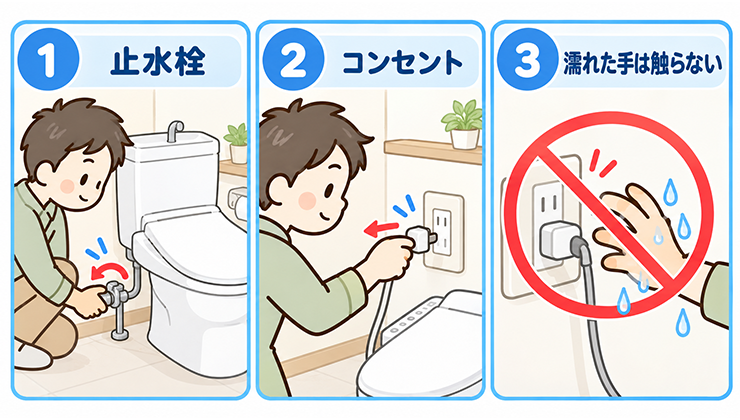 ウォシュレットの横から水漏れしたときにまずやること